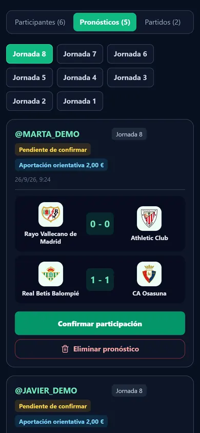 Lista de pronósticos de la jornada 8: el pronóstico de un participante de demostración con sus dos marcadores, pendiente de que el administrador confirme su participación.